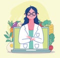 Female dietitian doctor in video laptop, fresh market organic healthy food with fruits and vegetables