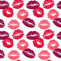 Female different colors lipstick kiss isolated on white background. Vector seamless pattern.