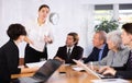 Female director gives instructions to managers in deliberation room