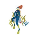 Female diver flat vector character illustration. Scuba diving hobby. Cartoon woman exploring ocean bottom with mask and