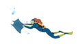 Female diver flat vector illustration. Woman swimming with stingray, exploring underwater world with mask and aqualung