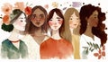 Female diverse faces profile watercolor style, different ethnicity and hairstyle. Woman empowerment movement. Happy International