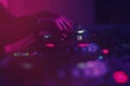 Professional dj audio equipment on edm music festival in night club Royalty Free Stock Photo