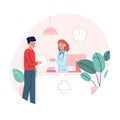 Female Doctor Advising Male Patient in Medical Office, Medical Treatment and Healthcare Vector Illustration