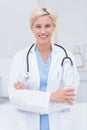 Female doctor with arms crossed standing in clinic Royalty Free Stock Photo