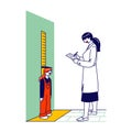 Female Doctor Character Measuring Height of Little Girl Standing at Wall with Scale and Writing Data in Notebook