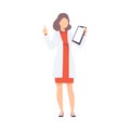 Female Doctor Character Raising Up Her Finger Giving Advice, Professional Medical Worker Holding Clipboard Vector