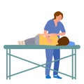 Female doctor chiropractor or osteopath fixing lying womans back with hands movements during visit in manual therapy