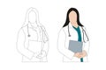 Female doctor coloring page. Doctor coloring page line art. Female nurse line art. Medical doctor line art vector. Stethoscope