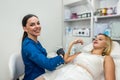 female doctor cosmetology putting cream hot wax gel on the hand