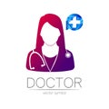 Female doctor and cross in blue circle vector logotype. Medicine identity and concept. Logo for clinic, medical