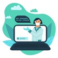 Female doctor diagnosis online via laptop. Modern isolated flat style vector illustration with therapist and chat with