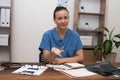 female doctor, engages with a patient online video call, gestures to enhance communication.