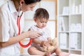 Female doctor examining child toddler with stethoscope