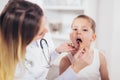 Female doctor examining child with tongue depressor Royalty Free Stock Photo