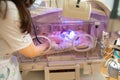 Female doctor examining newborn baby in incubator. Close up female hands with a stethoscope Royalty Free Stock Photo