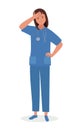 A female doctor with a gesticulating face. Headache, frustration, or fatigue. Vector illustration