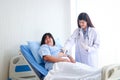 Female doctor giving an injection to an obese woman lying on a hospital bed.