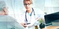 Female doctor giving prescription to her patient, geometric pattern Royalty Free Stock Photo