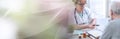 Female doctor giving prescription to her patient; panoramic banner Royalty Free Stock Photo