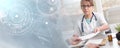 Female doctor giving prescription to her patient; panoramic banner Royalty Free Stock Photo