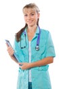 Female doctor holding clipboard isolated Royalty Free Stock Photo