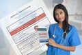 Female doctor holding digital tablet that show covid-19 medical certificate