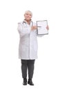 Female doctor holding empty folder with files of desease illness and point by pen blank clipboard.