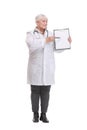 Female doctor holding empty folder with files of desease illness and point by pen blank clipboard.