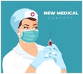 Female doctor holding a syringe with an injection vector illustration. Prevention of virus disease. Nurse doing COVID-19 vaccinati Royalty Free Stock Photo
