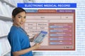 Female doctor holding tablet with blank electronic medical record form on background.