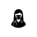 Female doctor icon. Solid black icon of a female doctor in a protective mask with a stethoscope. Precautions to protect Royalty Free Stock Photo