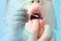 Female doctor, laboratory assistant, takes saliva sample for analysis of DNA from child`s mouth, concept innovation modern scienc