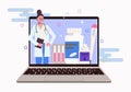 Female doctor on laptop screen. Online advice on quarantine treatment and medication. Flat illustration isolated on a white backgr