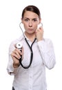 Female doctor listen with a stethoscope