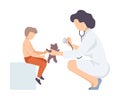 Female Doctor Listening Listening Teddy Bears Chest with Stethoscope, Pediatrician Consulting Little Patient Vector