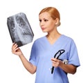 Female doctor looking at chest X-ray isolated Royalty Free Stock Photo