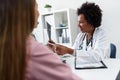 Female doctor looking at test results of her patient. Doctor and patient talking over a medical test result.