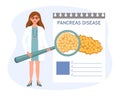 Female doctor with a magnifying glass examines the disease of the pancreas. The concept of science and medicine
