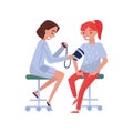 Female doctor measuring blood pressure at female patient, medical treatment and healthcare concept vector Illustration