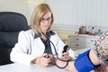 Female Doctor Measuring Blood Pressure of a Patient in Consulting Room