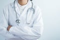 Female doctor medical physician with arms crossed on gown suite wearing Stethoscope on neck in white clinic background