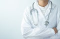 Female doctor medical physician with arms crossed on gown suite wearing Stethoscope on neck in white clinic background