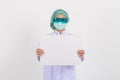 Female doctor in medical uniform and mask holding blank white banner Royalty Free Stock Photo