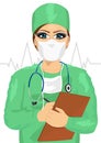 Female doctor or nurse in face mask taking notes Royalty Free Stock Photo