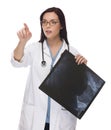 Female Doctor or Nurse Pushing Button or Pointing, Copy Room Royalty Free Stock Photo