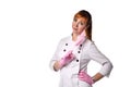 Female doctor or nurse in stylish white lab coat and pink gloves removing medical mask on her face. Cropped shot with waist Royalty Free Stock Photo