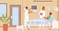 Female doctor and nurse visit male patient in intensive therapy room at hospital vector flat illustration. Cartoon