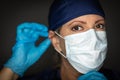 Female Doctor or Nurse Wearing Surgical Gloves Putting On Medical Face Mask Royalty Free Stock Photo