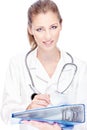 Female doctor with papers and stethoscope